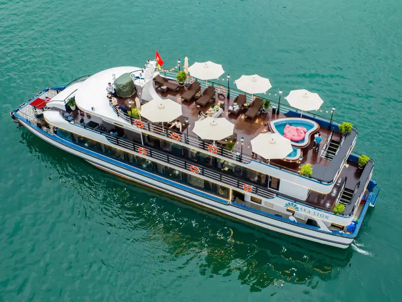 Aerial view of a cruise boat on emerald water