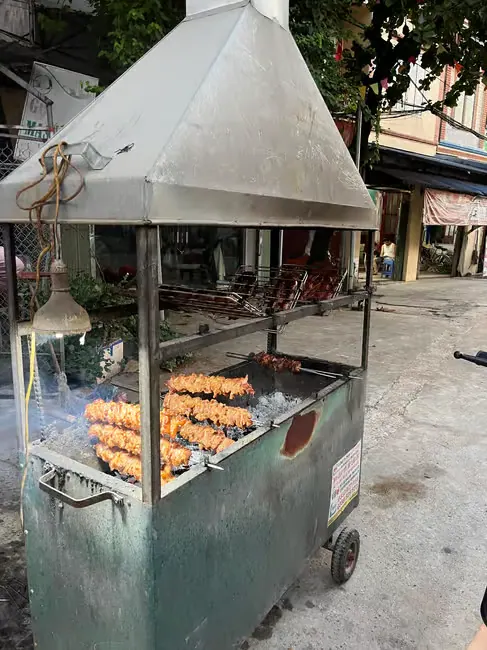 A roadside grill cart cooking skewers on a village street in Ninh Binh